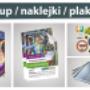 rollup z torbą,
naklejki nacinane,
naklejki na folii,
naklejki reklamowe,
plakaty,
ramy OWZ, 
druk wielkoformatowy,
