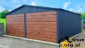 Garaż blaszany 6x5 dwuspadowy drewnopodobny grafitowy bramy uchylne obróbki