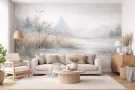 Fototapeta jezioro we mgle trawy natura akwarela salon