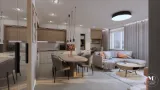 Przestronny salon z aneksem kuchennym w apartamencie w Krakowie